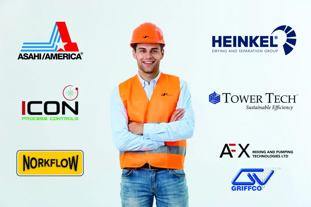 Ingeniero industrial con casco junto a logotipos de marcas de válvulas, mezcladores y control de procesos.