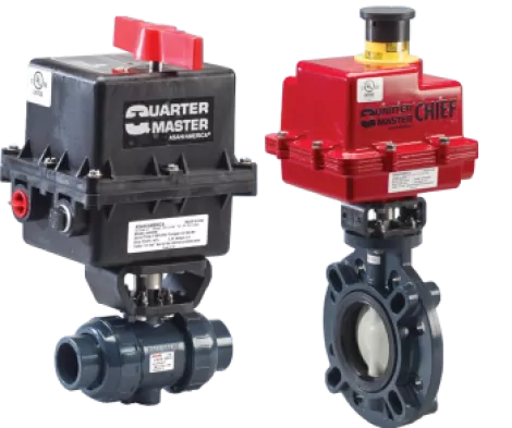 Válvulas automáticas industriales Asahi America con actuadores eléctricos para control de flujo de fluidos.