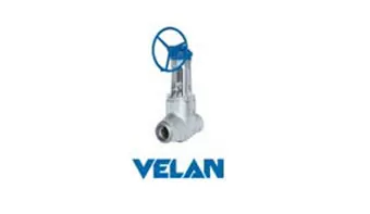 Válvula de compuerta industrial Velan de acero inoxidable con volante azul para control de flujo en tuberías