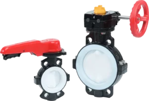 Válvulas mariposa Type 55 con accionamiento manual, cuerpo de polímero y asientos PTFE para control de fluidos.