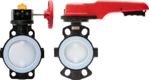 Válvula mariposa Type-55IS de teflón con accionador manual industrial para control de flujo químico.