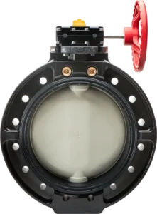 Válvula mariposa industrial Type 56D cuerpo de PVC y volante rojo para control de flujo en tuberías