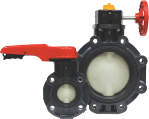 Válvula mariposa Type 57IL industrial de PVC-U, accionamiento manual por palanca y volante, uso en fluidos corrosivos