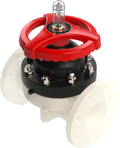 Válvula de diafragma industrial de titanio con actuador manual para control de fluidos corrosivos.