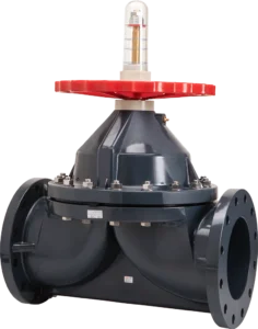 Válvula de diafragma tipo G industrial con volante rojo, conexiones bridadas para control de flujo.