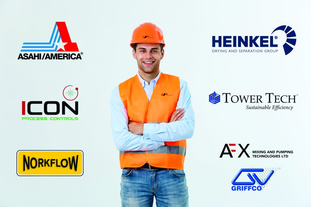 Ingeniero industrial con casco junto a logotipos de marcas de válvulas, mezcladores y control de procesos.